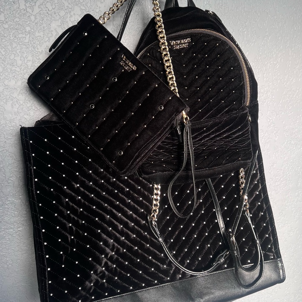 3 Piece Victoria's Secret Black Quilted Edgy “It Girl” Travel Bag Set